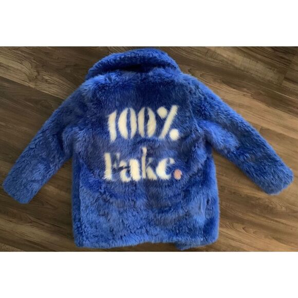 JAKKE Anthropologie 100% Fake Fur GRAPHIC Fuzzy BLUE Coat Jacket sz 2 - Picture 3 of 10